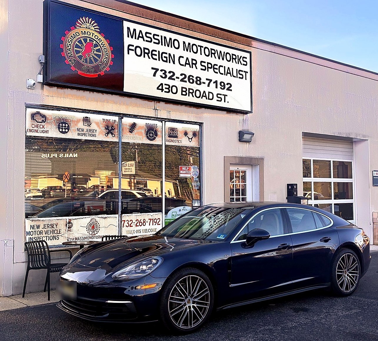 2018 Porsche Panamera 4S parked in front of Massimo Motorworks, 430 Broad St, Shrewsbury NJ, after its 4-year service